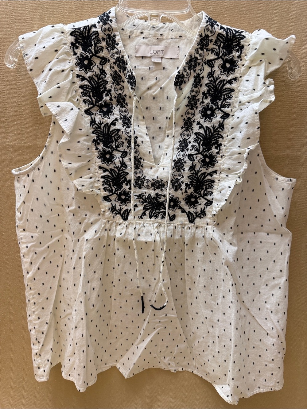 LOFT White Sleeveless Flutter Top with Black Floral Embroidery